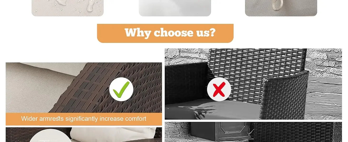 3 Pieces Patio Furniture Set 3 Pieces PE Rattan Wicker Chairs with Table Outdoor Furniture Brown Rattan with White Cushion