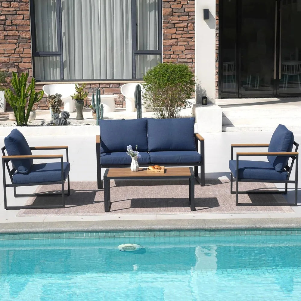 Patio Furniture Set, 4 Pieces Outdoor Patio Furniture with Coffee Table Set, Metal Patio Conversation Sets with Washable