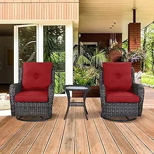 Chair Outdoor, Patio Bistro Furniture Conversation Set, Cushioned Wicker Chair with Glass Coffee