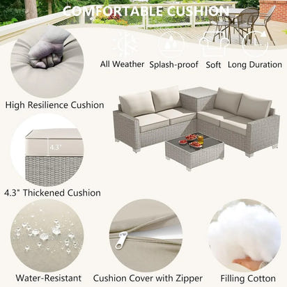 4-Seater All-Weather Outdoor Patio Furniture Set with Storage & Table, L-Shaped Sectional Sofa & Corner Couch - PE Rattan Wicker