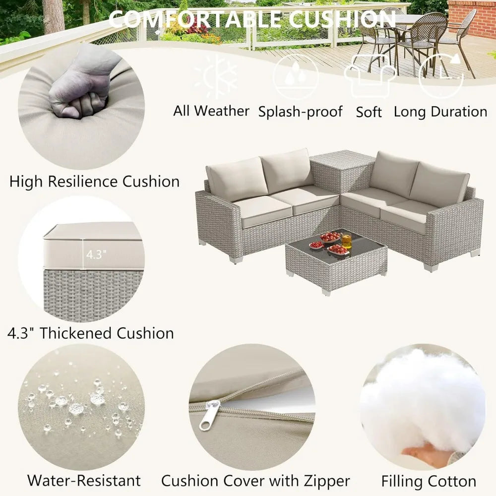 4-Seater All-Weather Outdoor Patio Furniture Set with Storage & Table, L-Shaped Sectional Sofa & Corner Couch - PE Rattan Wicker