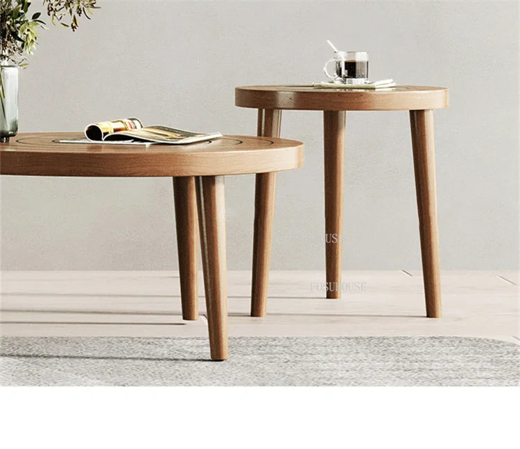Tables basses design en bois massif, meubles de salon de luxe pour la maison, Table d'appoint de canapé, Table centrale ronde moderne en verre trempé