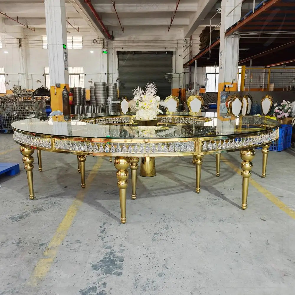 FSDKX Luxury S Shape Table for Wedding Glass Stainless Steel Circle Serpentine Table Wedding Crystals Hotel Banquet Dining Table