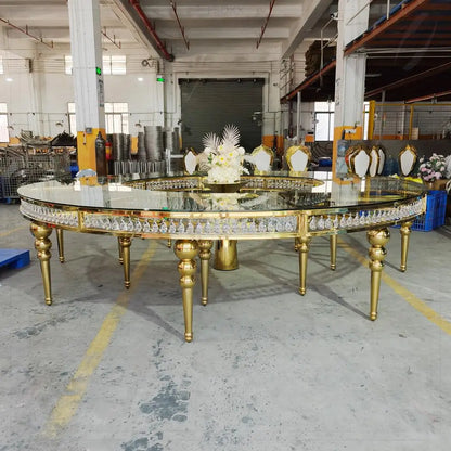 FSDKX Luxury S Shape Table for Wedding Glass Stainless Steel Circle Serpentine Table Wedding Crystals Hotel Banquet Dining Table