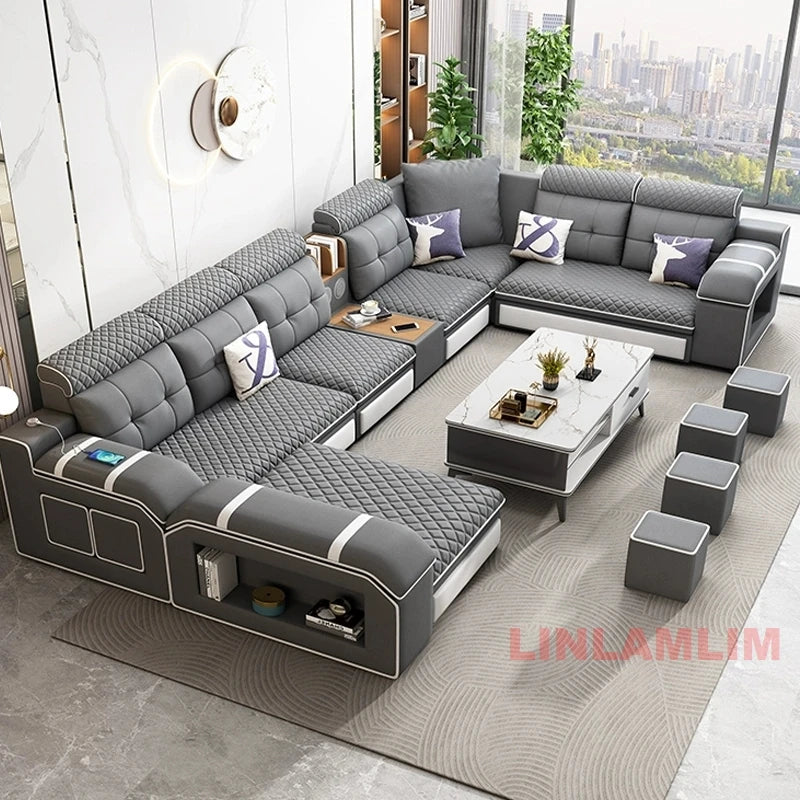 MANBAS Modern U-Shaped Fabric Sectional Sofa with Storage, Adjustable Headrests & USB Charging - Comfortable Quilted Upholstery