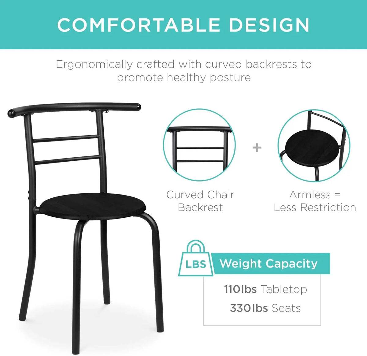 NICE 3-Piece Wooden Round Table & Chair Set for Kitchen, Dining Room, Compact Space w/Steel Frame, Built-in Wine Rack - Black