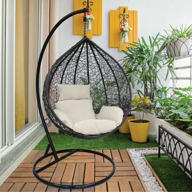 Patio Indoor Outdoor PE Rattan Steel Frame Hanging Egg Shaped Swing Chair with Cushion Stand for Balcony Villa Egg Swing Chair