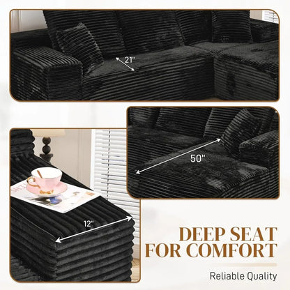 108" L Shaped Boneless Sectional Couches for Living Room, Comfy Corduroy Floor Cloud Sofa with Chaise, Wide Armrest, Deep Seat