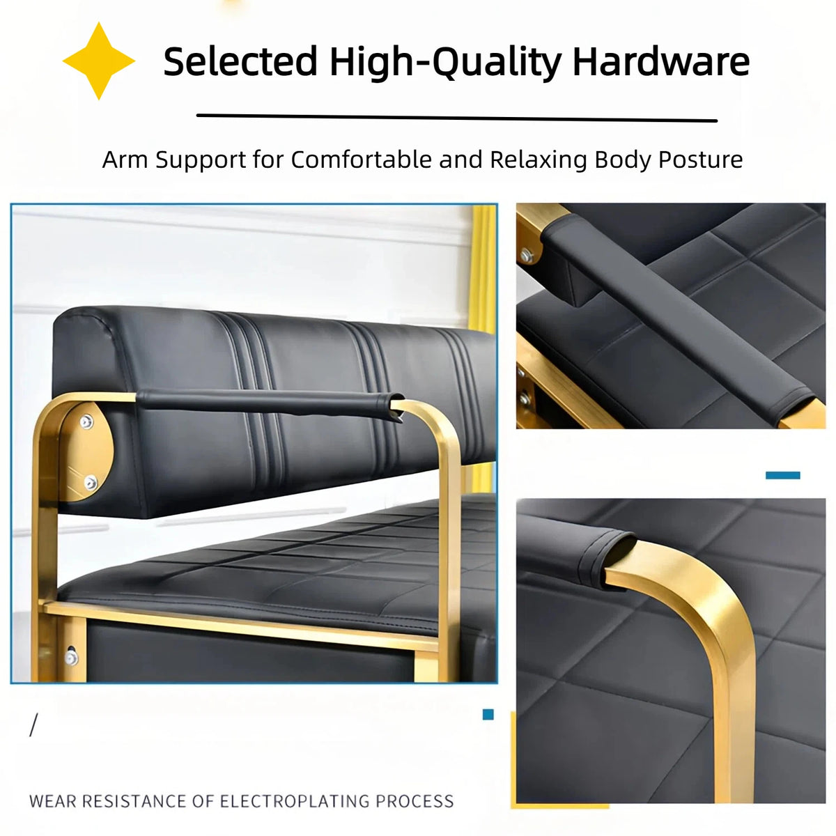 Professional Barber Shop Durable Gold Plated Leather Modern Salon Commercial Mall Waiting Sofa Bench Comfortable Lobby Chair