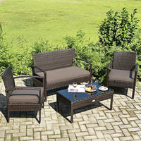 Outdoor Conversation Set 4 Pieces Patio Furniture, Wicker Patio Chair Sofa Set with Water-Resistant Dark-Brown Cushion & Tempere