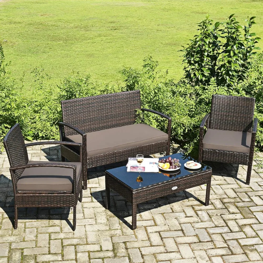 Outdoor Conversation Set 4 Pieces Patio Furniture, Wicker Patio Chair Sofa Set with Water-Resistant Dark-Brown Cushion & Tempere