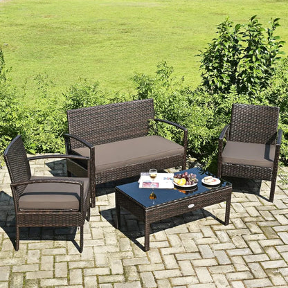 Outdoor Conversation Set 4 Pieces Patio Furniture, Wicker Patio Chair Sofa Set with Water-Resistant Dark-Brown Cushion & Tempere