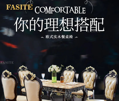 Marble dining table and chair combination Ebony restaurant Solid wood carving flower rectangular American home dining table