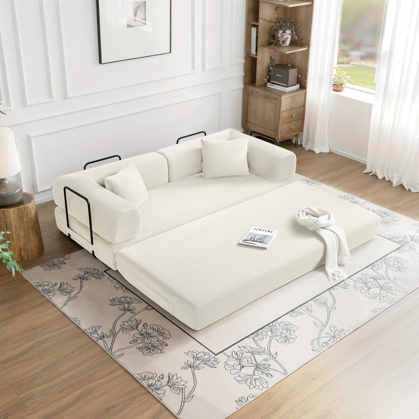 79" Convertible Sofa Bed with Fixed-Shape Frame, Modular Corduroy Sleeper Sofa, Folding Mattress Couch for Small Spaces