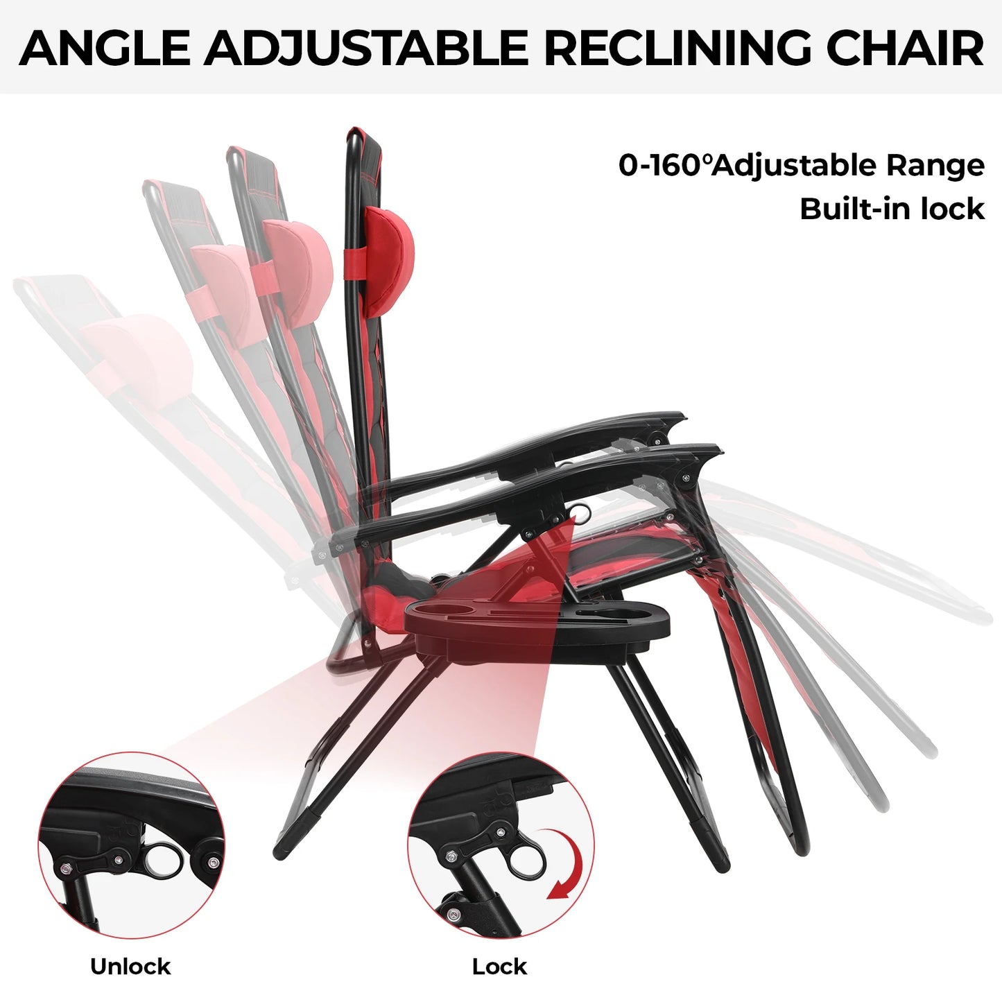 Padded Zero Gravity Lounge Chair Folding Patio Recliner with Adjustable Headrest & Cup Holder, Support 160kg Sun Loungers