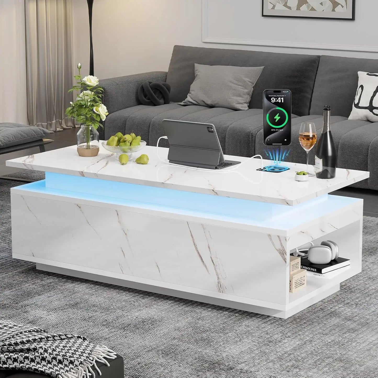 47" Modern LED Coffee Table with Lift Top, All Black Coffee Table with Storage High Gloss Surface, Hidden Storage with Drawer,