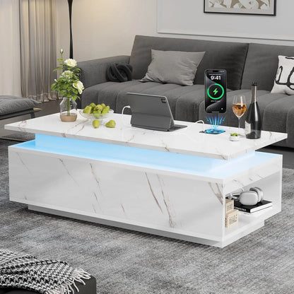 47" Modern LED Coffee Table with Lift Top, All Black Coffee Table with Storage High Gloss Surface, Hidden Storage with Drawer,