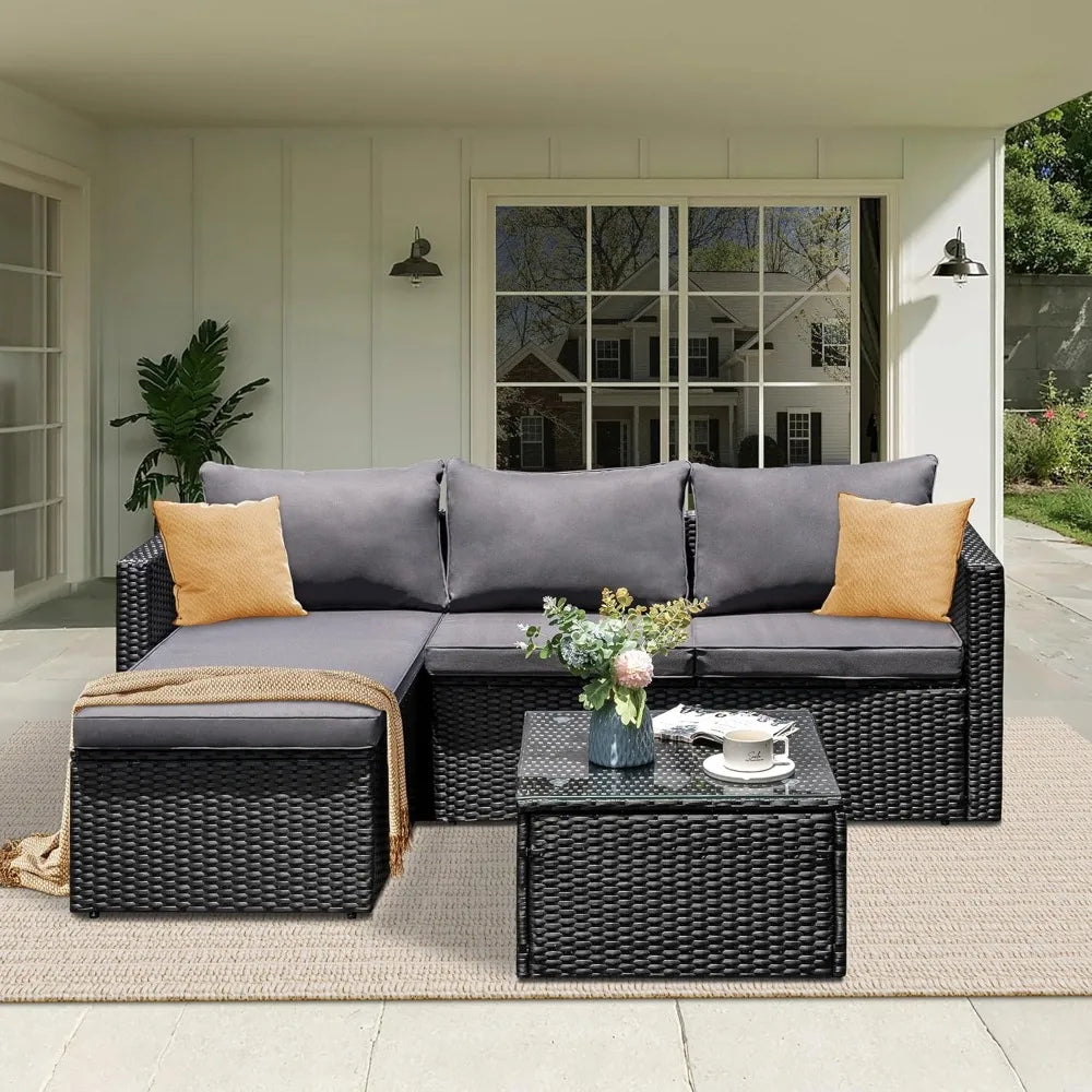 Patio Furniture Set 3 Piece Outdoor Sectional Patio Sofa, All-Weather Wicker Rattan Outdoor Furniture Set with Glass Table and