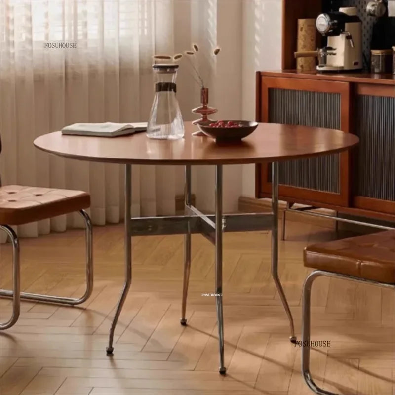Stainless Steel Solid Wood Round Dining Tables Home Small Round Table for Kitchen Furniture Medieval Style Retro Folding Table