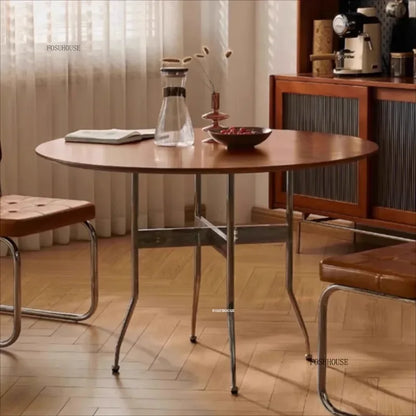 Stainless Steel Solid Wood Round Dining Tables Home Small Round Table for Kitchen Furniture Medieval Style Retro Folding Table