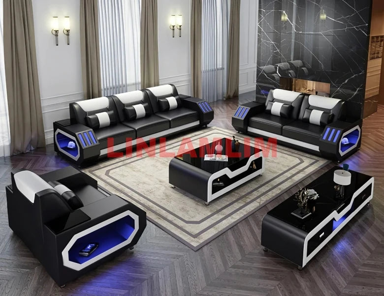Futuristic LED Italian Genuine Leather Sofa Set – Modern Sectional Couch with Illuminated Arm Storage and High-Density Cushions