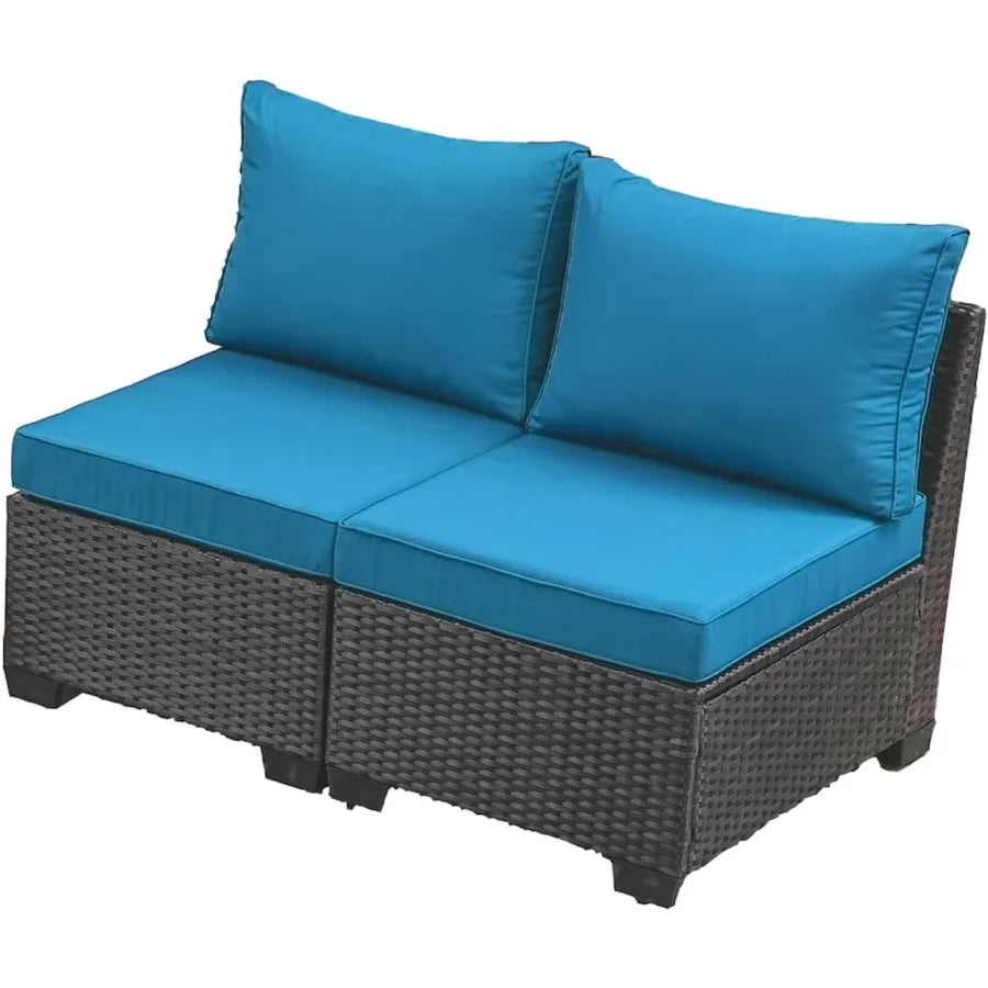 2 Piece Outdoor Wicker Armless Sofa Patio Rattan Sectional Sofa Set with Thick Seat Cushions and 2 Back Cushions for Garden Pat
