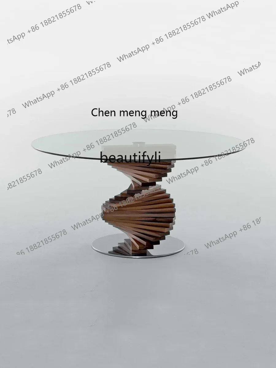cc182l Italian minimalist curved design tempered glass round table solid wood special-shaped creative rotating ladder dining tab