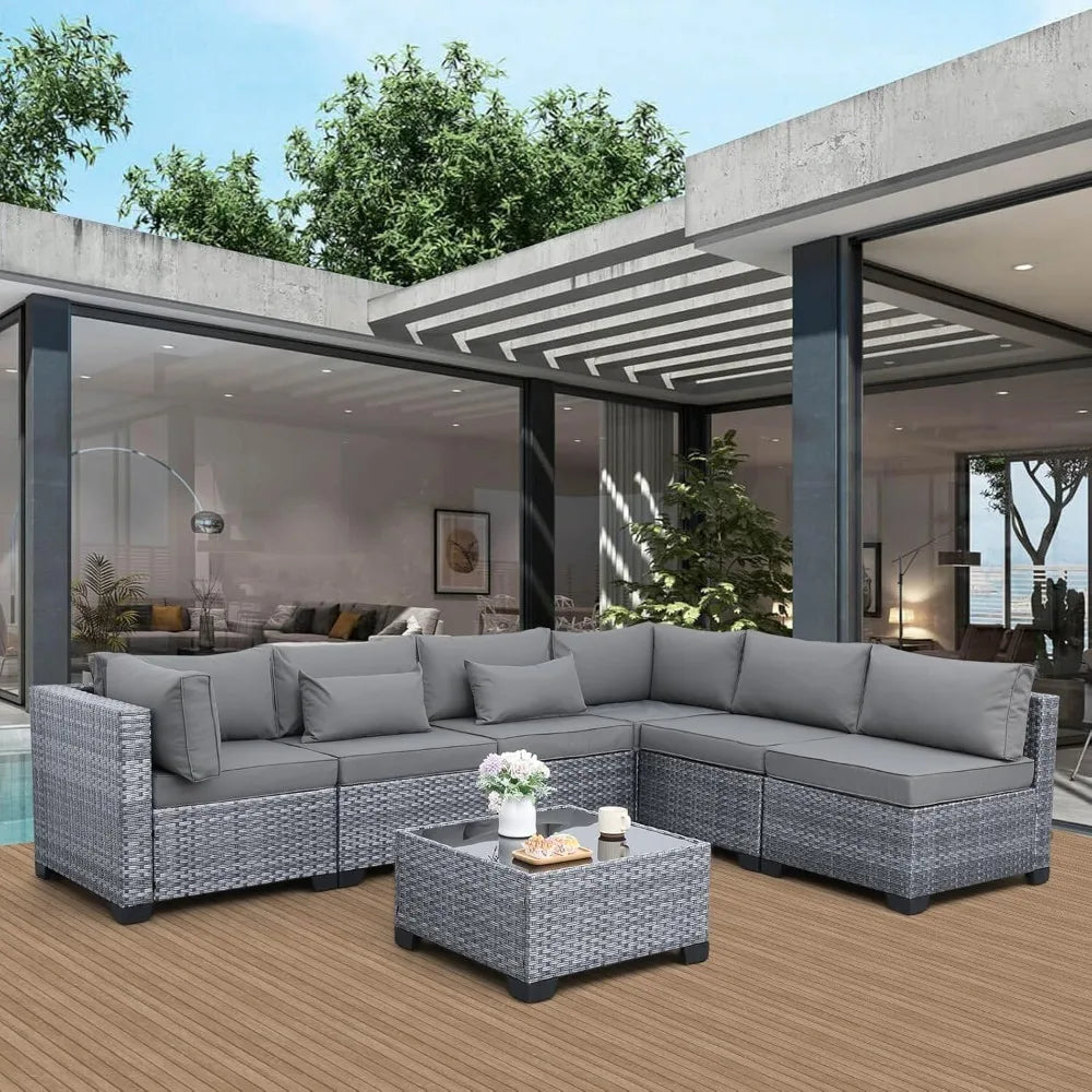 gray outdoor wicker 7-piece patio sectional sofa set with washable cushions
