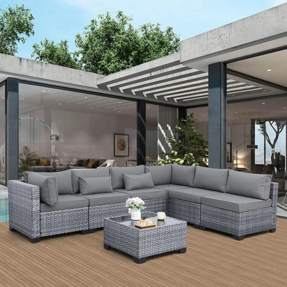 gray outdoor wicker 7-piece patio sectional sofa set with washable cushions