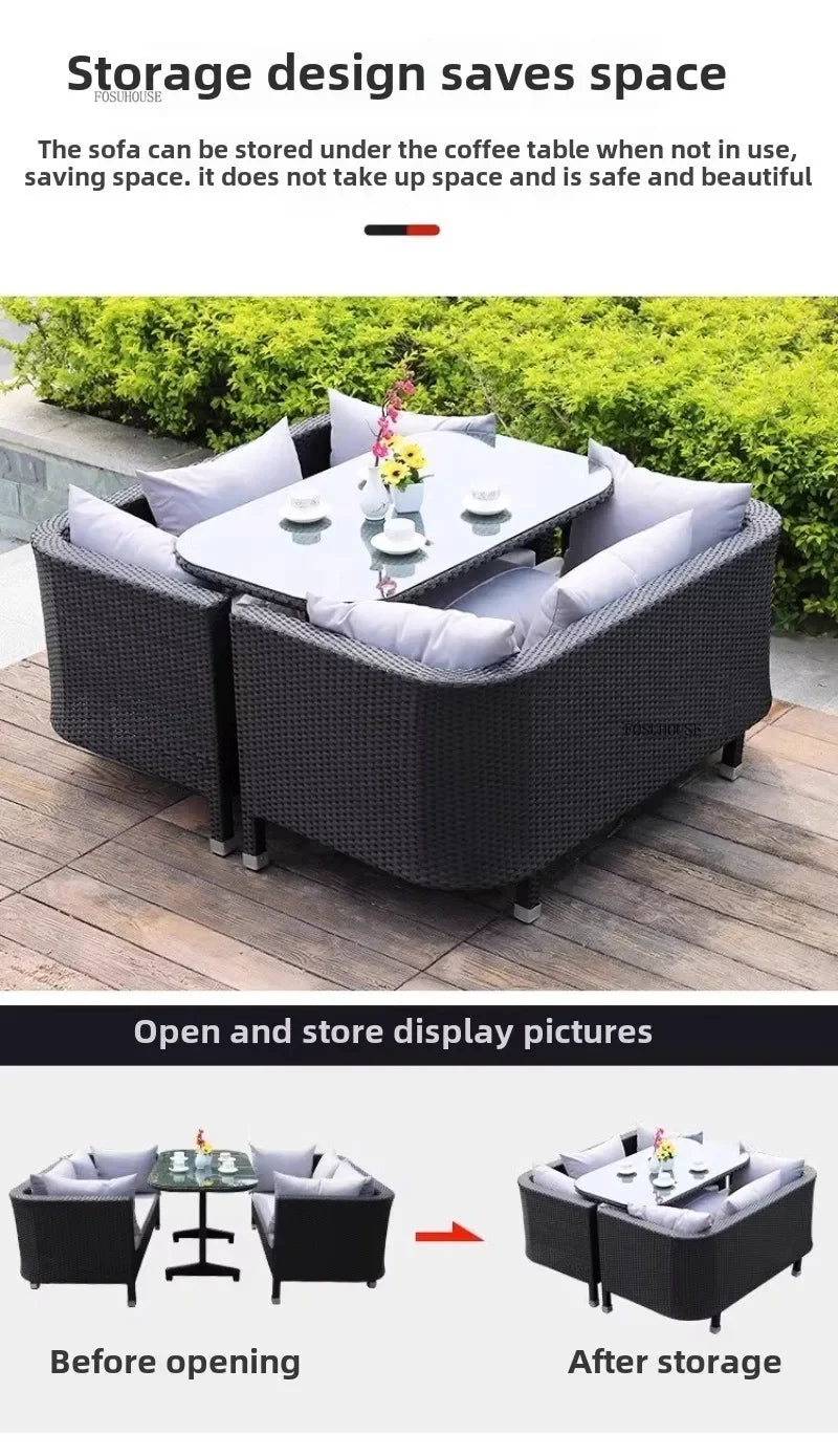 Nordic Outdoor Garden Sofas Leisure PE Rattan Garden Terrace Sofa Chair Set Courtyard Balcony Double Sofa Outdoor Furniture GG A