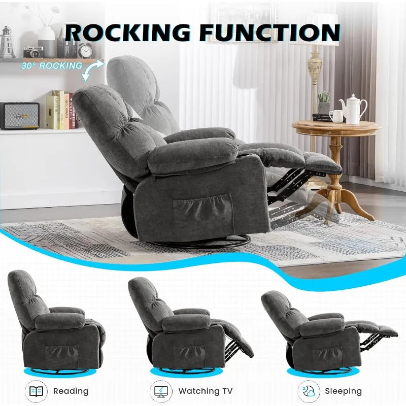 MAHOMICO Recliner Chair Oversized Swivel Rocker with Vibration Massage & Lumbar Heating, 360° Swivel, USB Charging Port