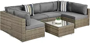 Seven Piece Modular Set, Outdoor Sectional Wicker Patio, Conversation With Two Pillows, Coffee Table Cover Included