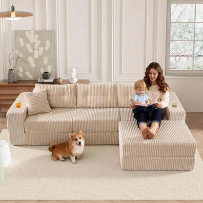 Modular Sectional Sofa Couch, Corduroy Cloud Boneless Foam Couch with Deep Seats & Cup Holder, Modern Comfy Sleeper, Customized