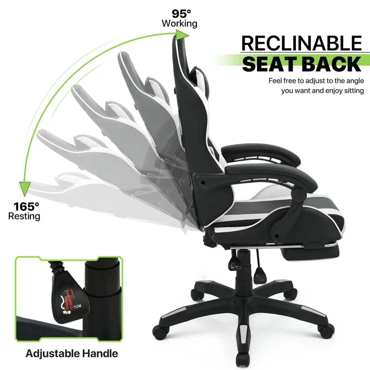 Video Game Desk Chair - Ergonomic Computer with Footrest and Comfy Lumbar Support, PU Leather Recliner with 360° Swivel