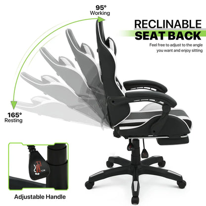Video Game Desk Chair - Ergonomic Computer with Footrest and Comfy Lumbar Support, PU Leather Recliner with 360° Swivel