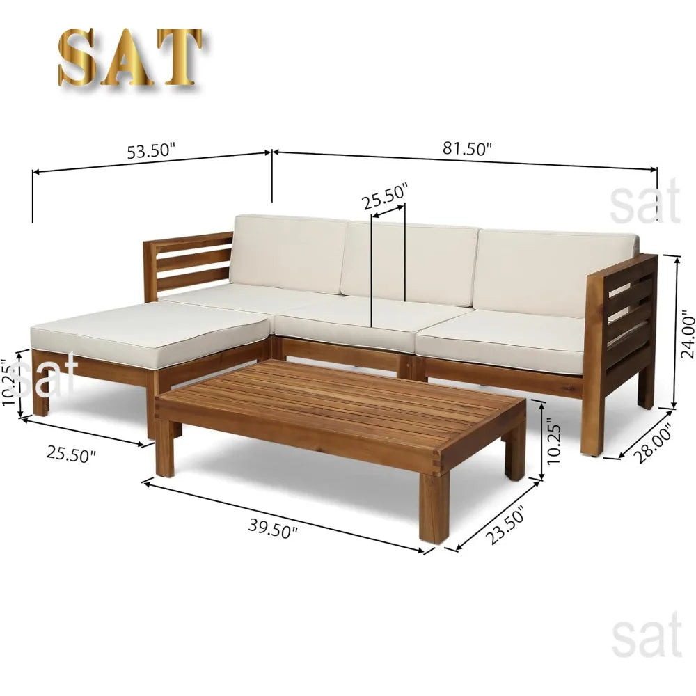 L # Alice Outdoor 5 Piece Acacia Wood Sofa Set, Teak Finish, Beige