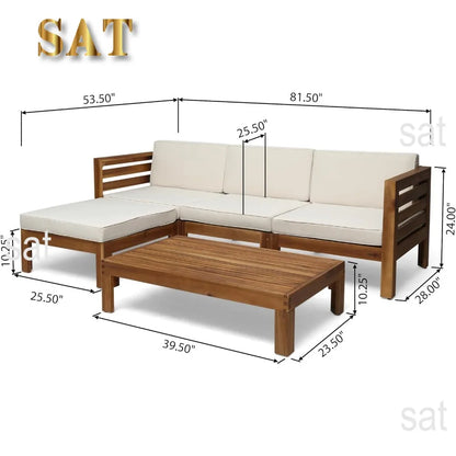 L # Alice Outdoor 5 Piece Acacia Wood Sofa Set, Teak Finish, Beige