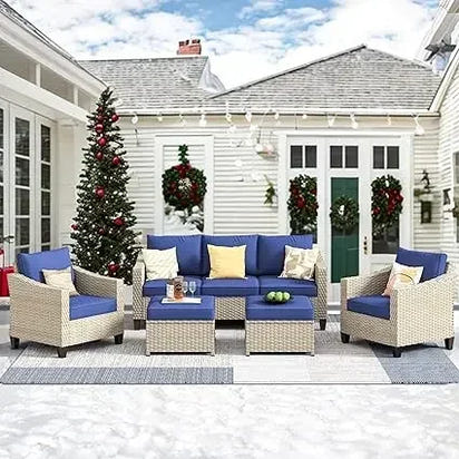 Wicker Patio Furniture Set Modern Outdoor Conversation  Sofa with Cushion and Ottomans for Garden, Poolside, Backyard