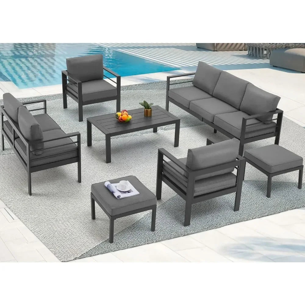 Aluminium modern patio furniture with coffee table, 7-piece outdoor conversation set, dark grey cushions, suitable for balcony