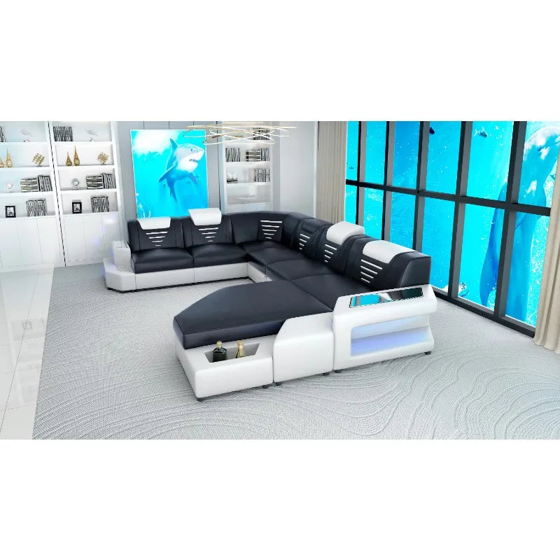 Leather Sofa Set U Combination Leather Corner Sofa Bed with Light Emitting Diode