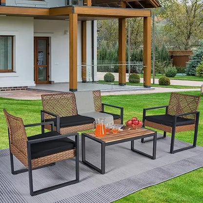 4 Pcs Patio Furniture Set, Outdoor Acacia Wood Table with 3 Chairs, All-Weather Garden Balcony Backyard Lawn Conversation Set