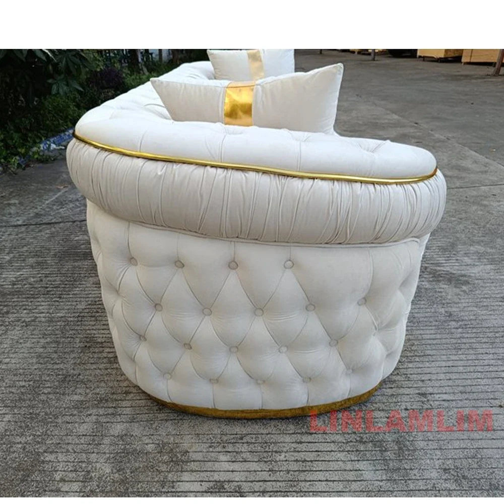 Luxury Chesterfield Sectional Sofa Set with Cloth Buttons and Fabric Modular Couch with Gold Stainless Steel Base, 3-seater Sofa