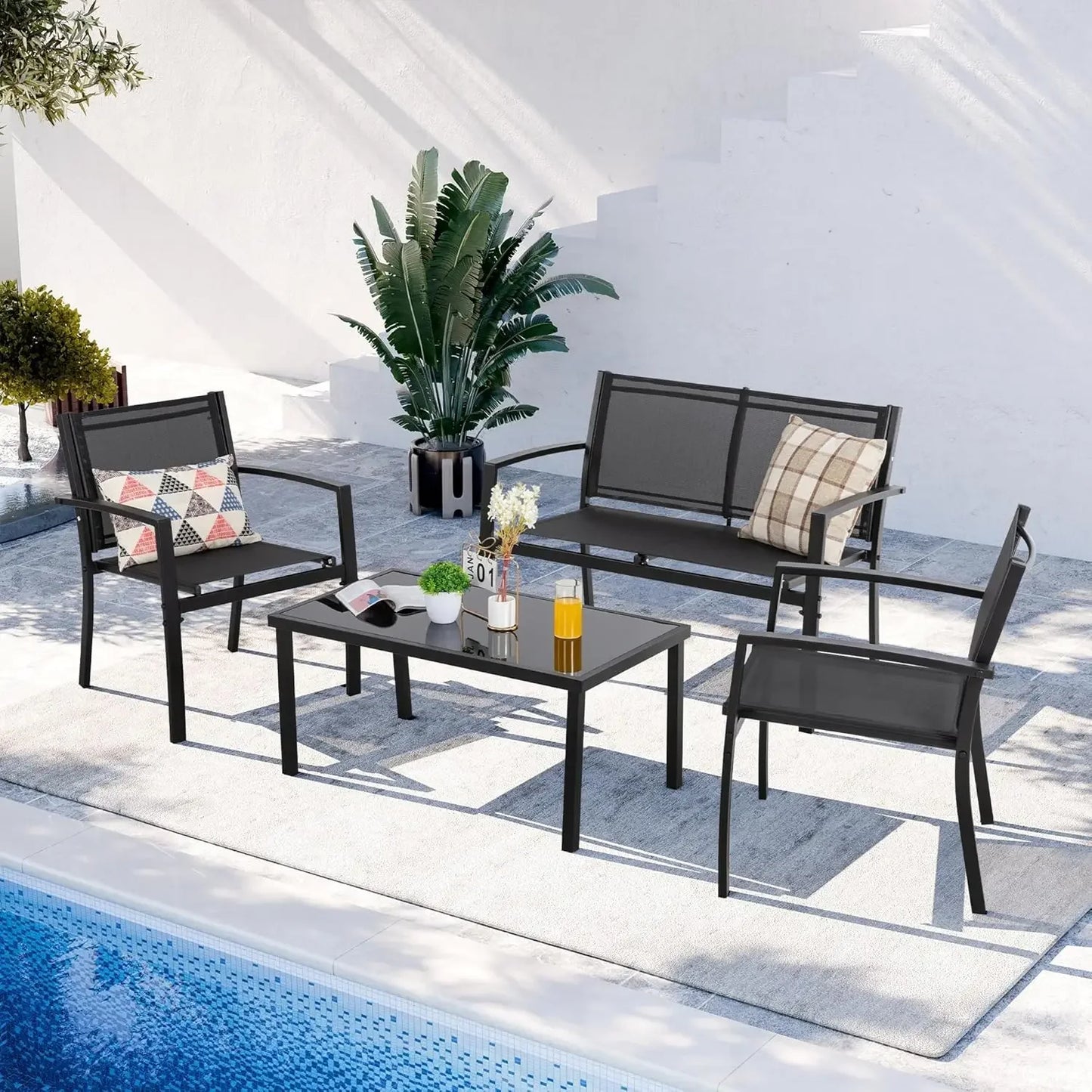 Curated Design 4 Pieces Patio Furniture Set All Weather Textile Fabric Outdoor Conversation Set, with Glass Coffee Table, Lov