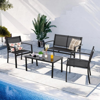 Curated Design 4 Pieces Patio Furniture Set All Weather Textile Fabric Outdoor Conversation Set, with Glass Coffee Table, Lov