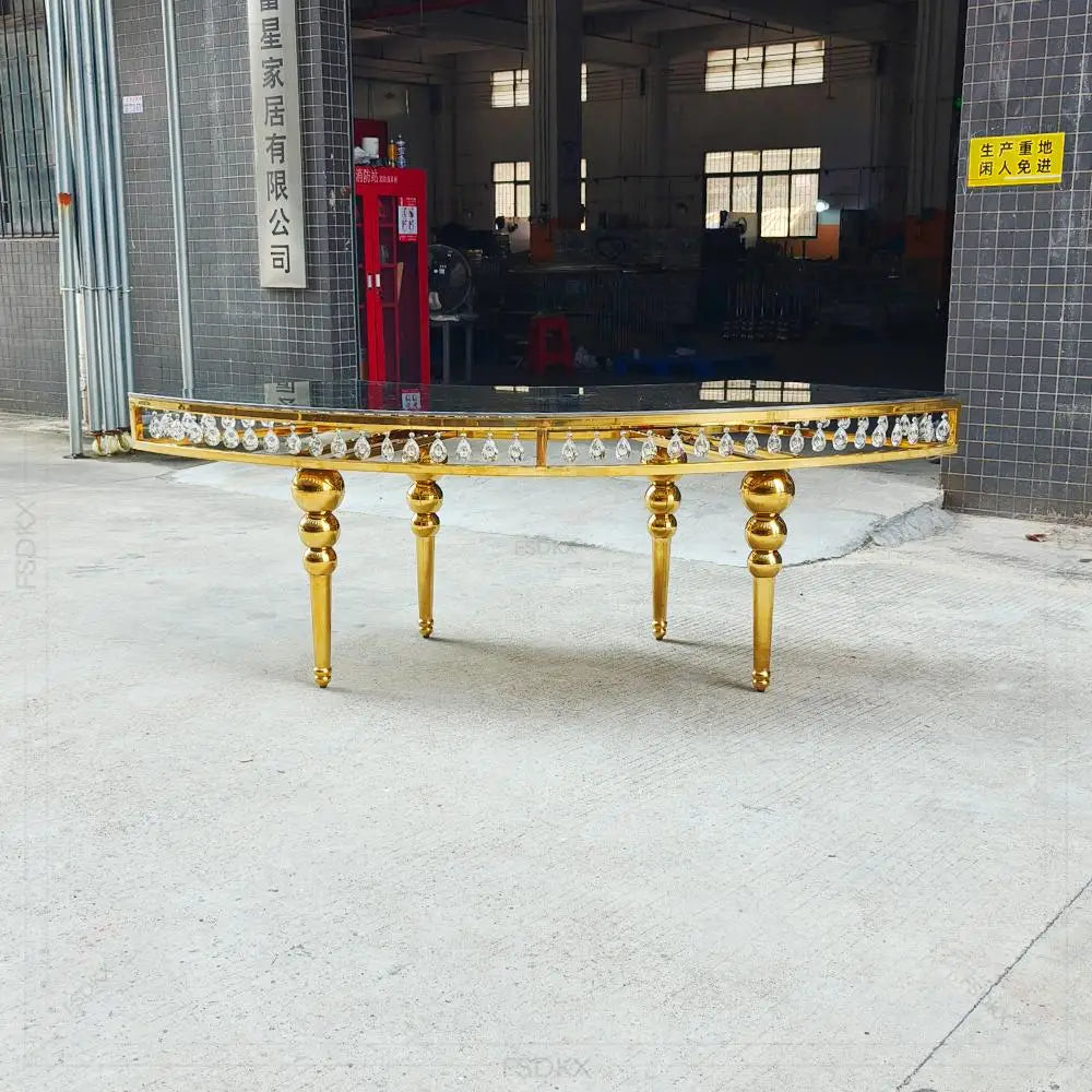 Factory Wholesale Gold Stainless Steel Black Glass Event Banquet Party Dining Dinner Gold S Shape Wedding Table