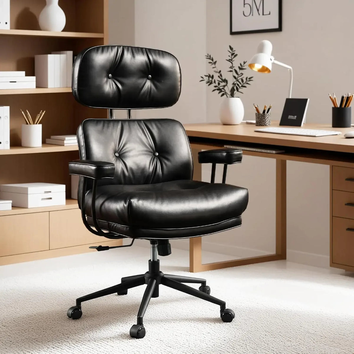 Mid-Century Modern Leather Chair，Ergonomic Home Office Chair with Lumbar Support, High Back Swivel Rolling Executive Chair