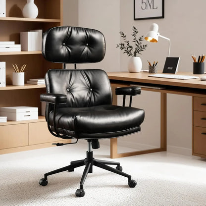 Mid-Century Modern Leather Chair，Ergonomic Home Office Chair with Lumbar Support, High Back Swivel Rolling Executive Chair
