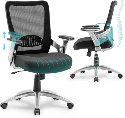 Ergonomic Office Chair with Adjustable Lumbar Support, Flip-up Arms, Tilt Function, Wide Mesh Seat