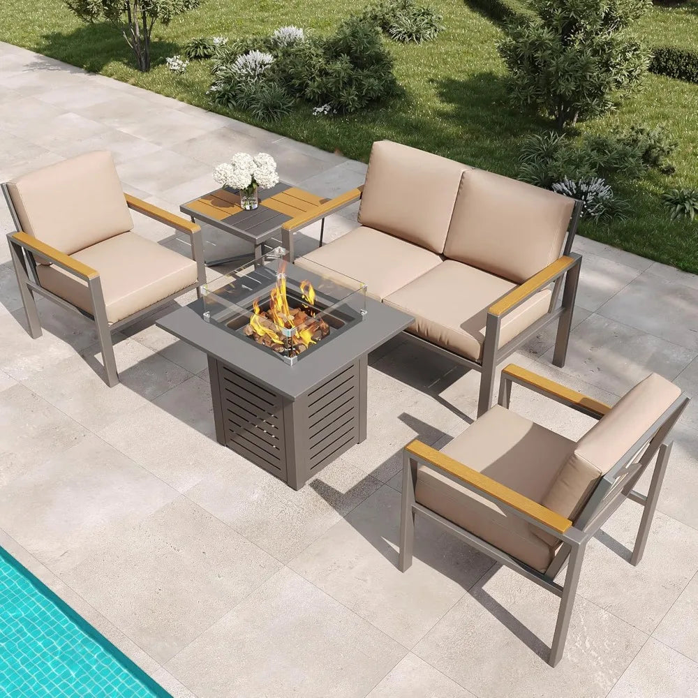 5-Piece Modern Patio Furniture Set with Fire Pit Table, Metal Outdoor Sectional with Cushions & Wood-Like Armrests, Cozy Con