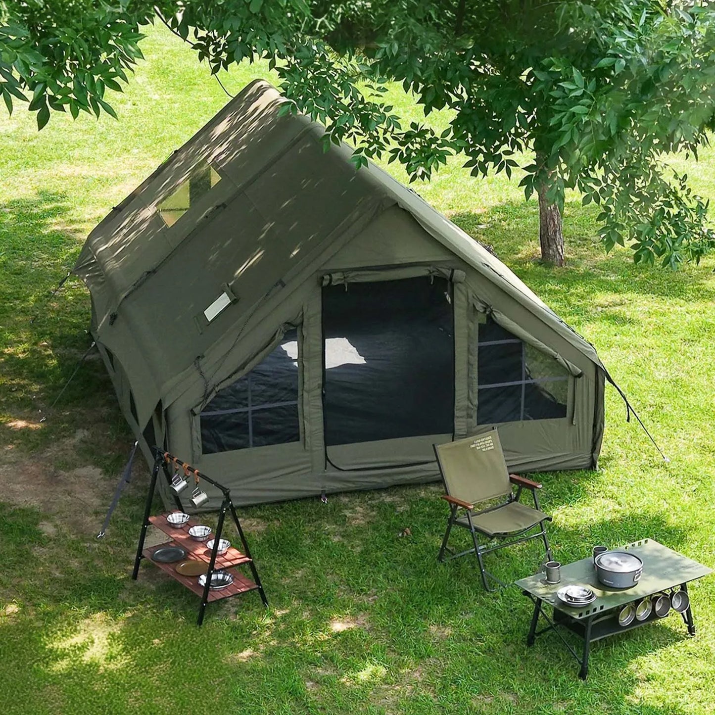 Army Green Waterproof Windproof Inflatable Tent for Camping,4 Season Air Glamping Tent House with Chimney Opening,AC Vent